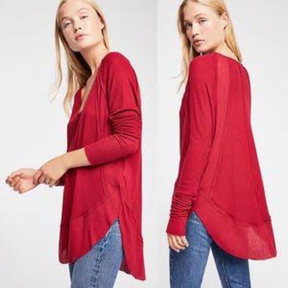 Free People We the Free Catalina Red Long Sleeve Thermal Top XS Oversize Stretch